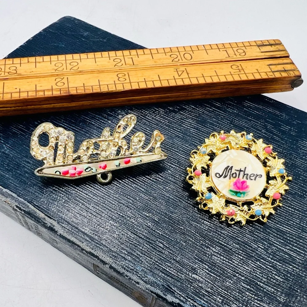 2 vintage “Mother” word brooch pins gold mother of pearl